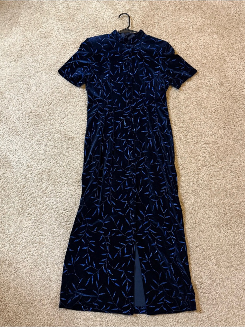 90s Navy Velvet Asian-Style Maxi Dress w/ Glitter Leaf Motif, Slit, & Buttons